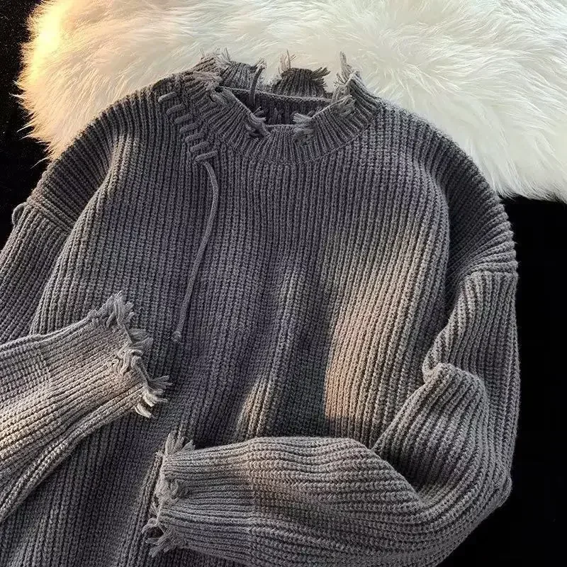 남성 의류 풀오버 베이지색 니트 스웨터, 구멍이 있는  - Winter Clothing Korean 리뷰 및 가격