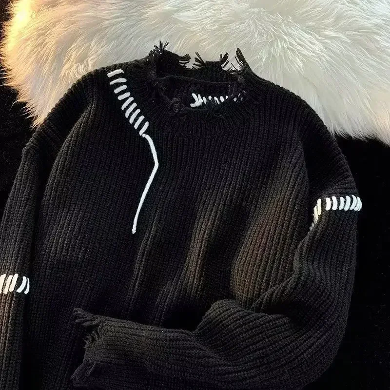 남성 의류 풀오버 베이지색 니트 스웨터, 구멍이 있는  - Winter Clothing Korean 리뷰 및 가격