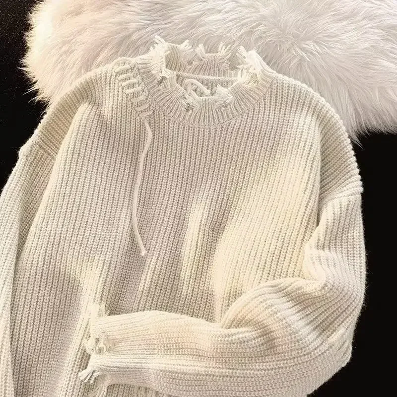 남성 의류 풀오버 베이지색 니트 스웨터, 구멍이 있는  - Winter Clothing Korean 리뷰 및 가격